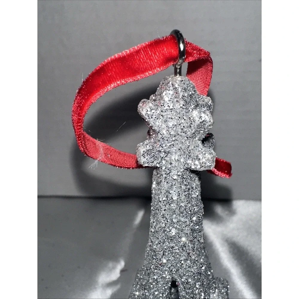 Silver Glitter Eiffel Tower Christmas Ornament Paris France Red Velvet Ribbon